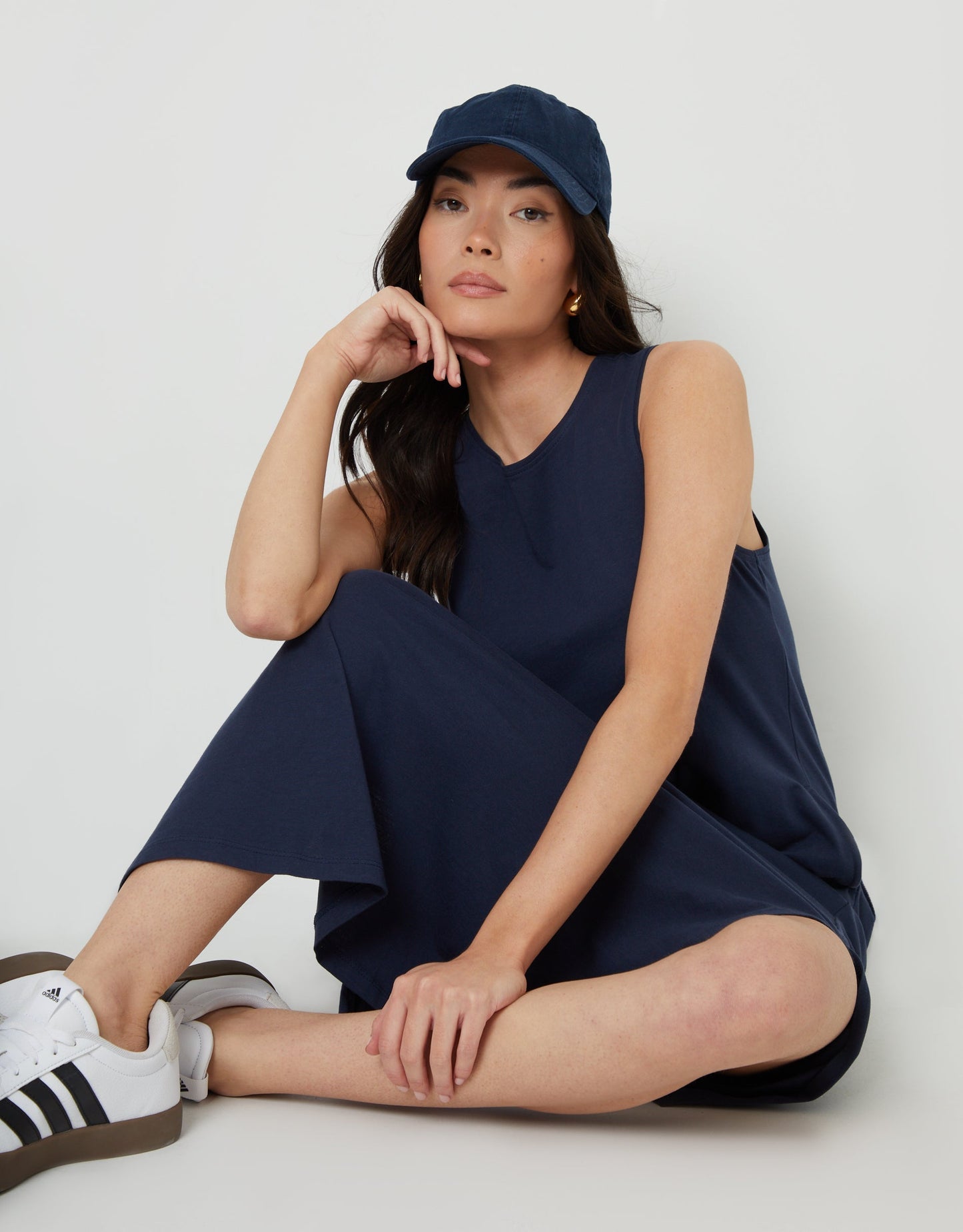 Women's Navy Sleeveless Jersey Midi Dress with Pockets