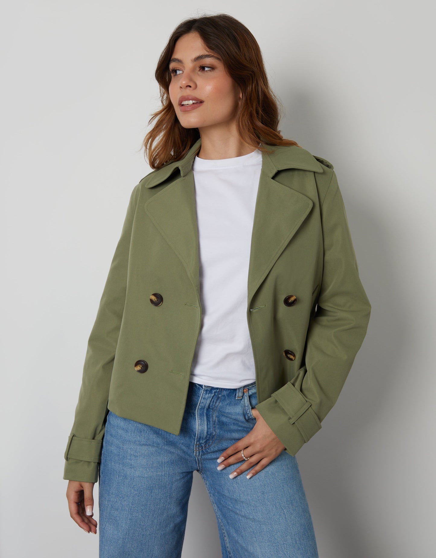 Women's Khaki Double Breasted Cropped Trench Coat