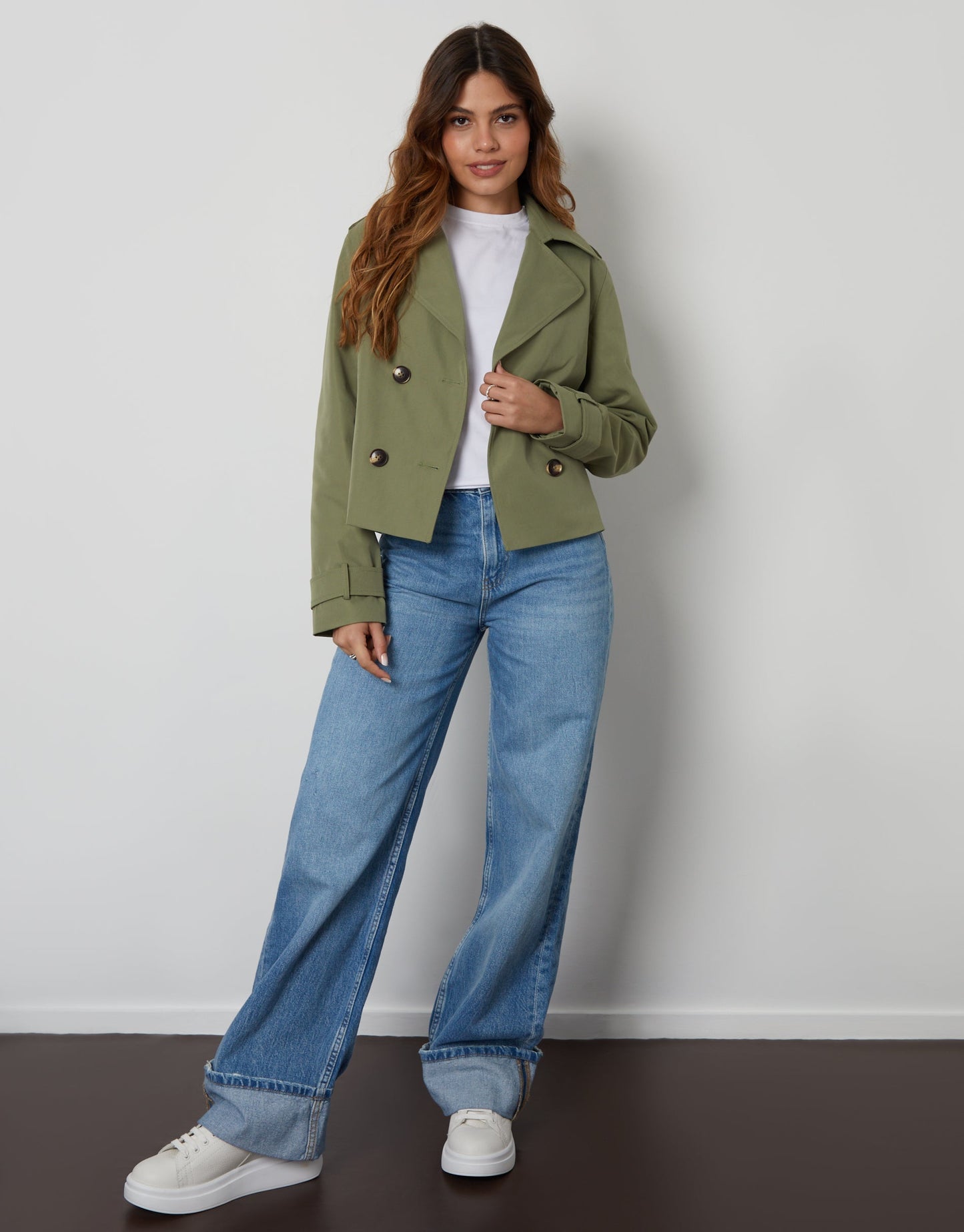 Women's Khaki Double Breasted Cropped Trench Coat