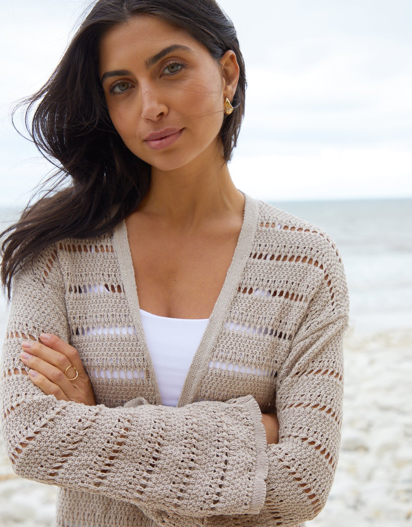 Women's Stone Longline Crochet Cardigan