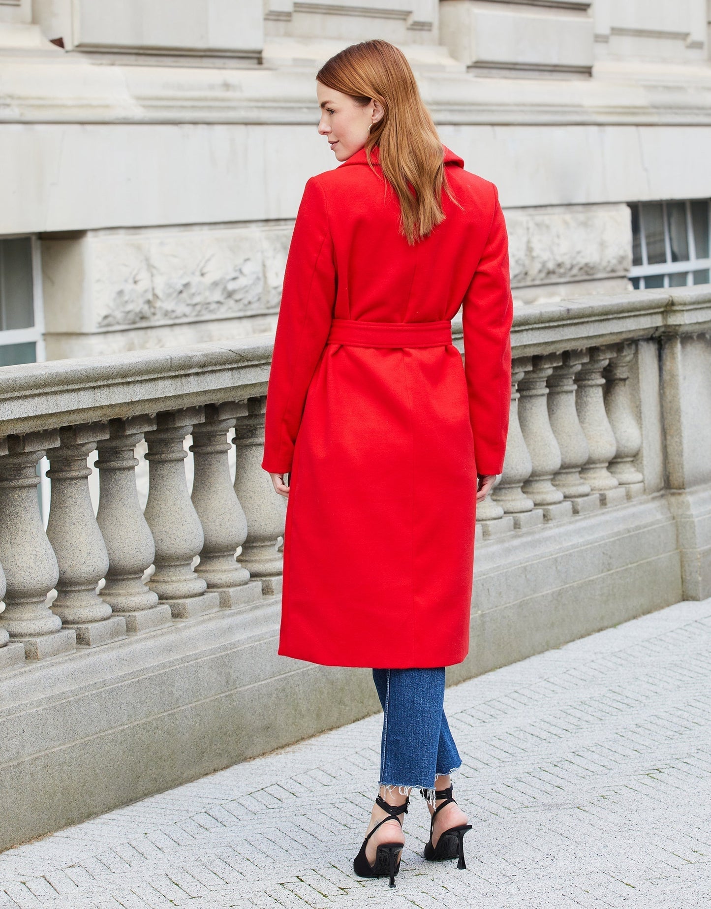 Women's Red Collared Belted Formal Coat